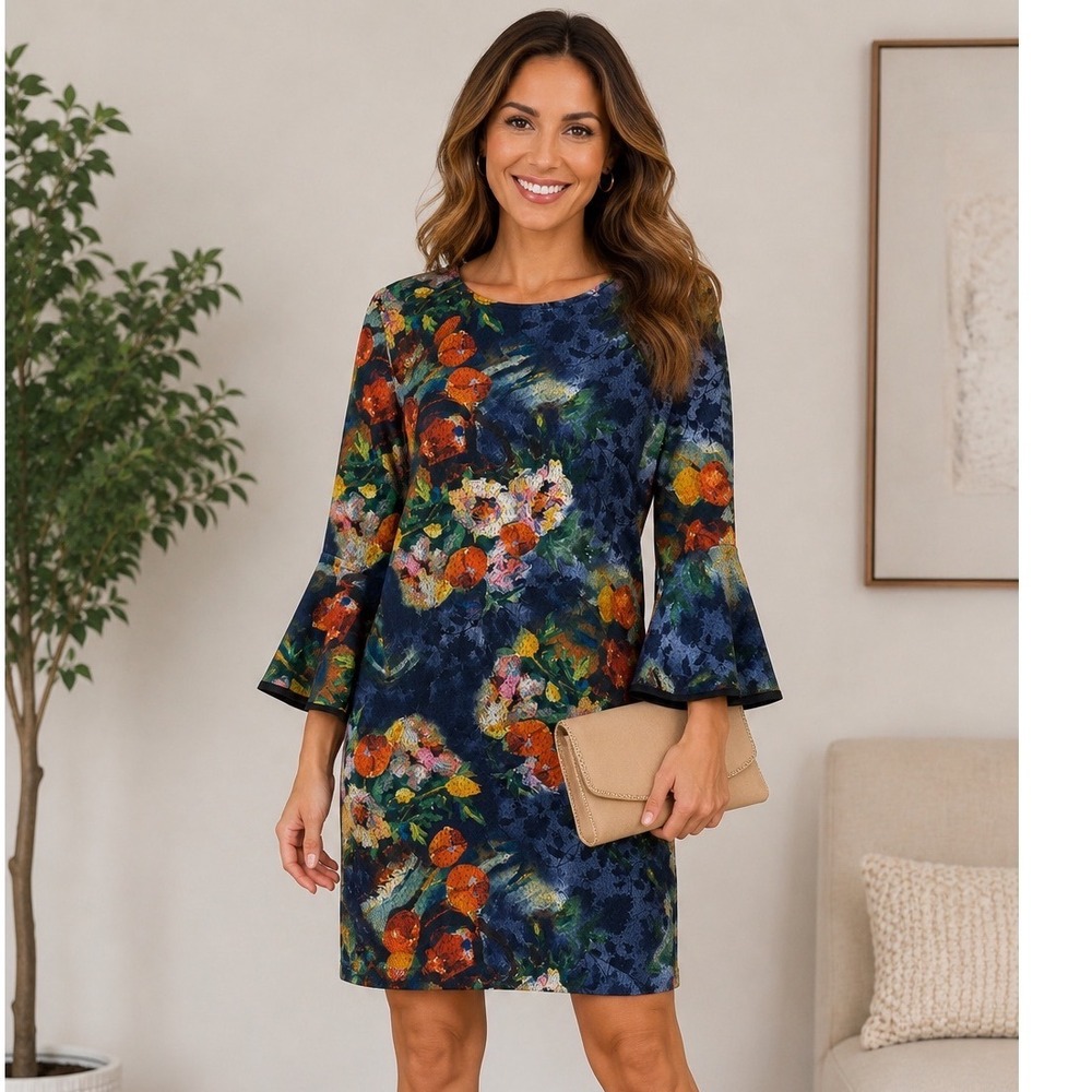 Papillon XS Floral Bell Sleeve Shift Dress Navy Orange Art to Wear Mini Travel